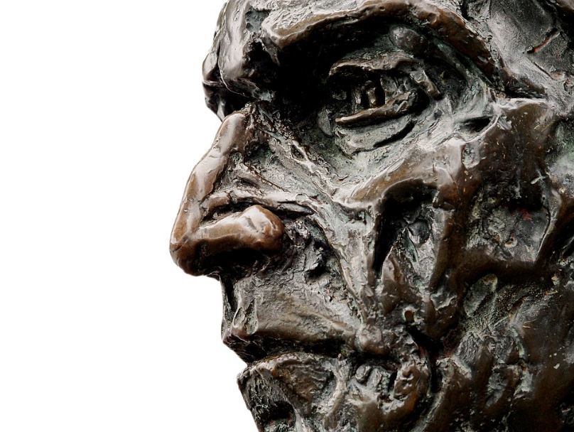 close-up of a bronze statue of John Cabot