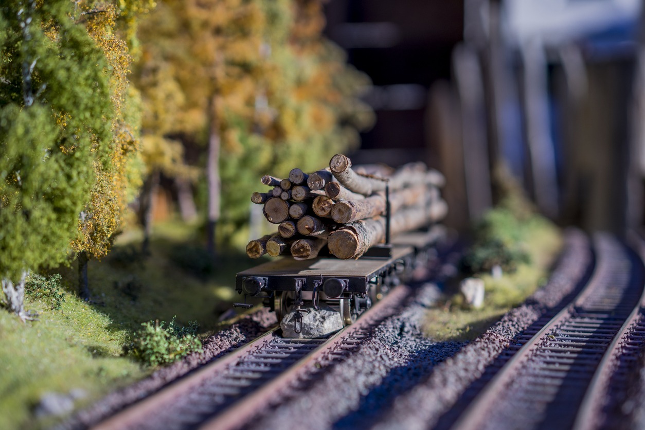 Railway carriage model loaded with tree trunks