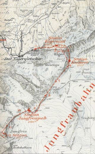 An old map of the Jungfrau Railway project in 1903