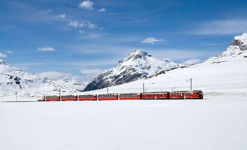 Bernina Express trains near the Bernina Pass