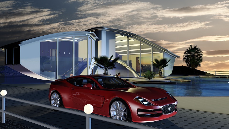 digital architectural model of a building with a red car