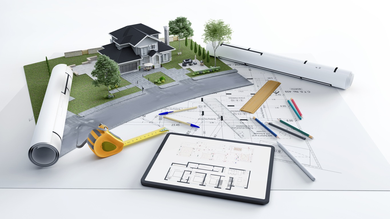 small architectural model and different tools and materials