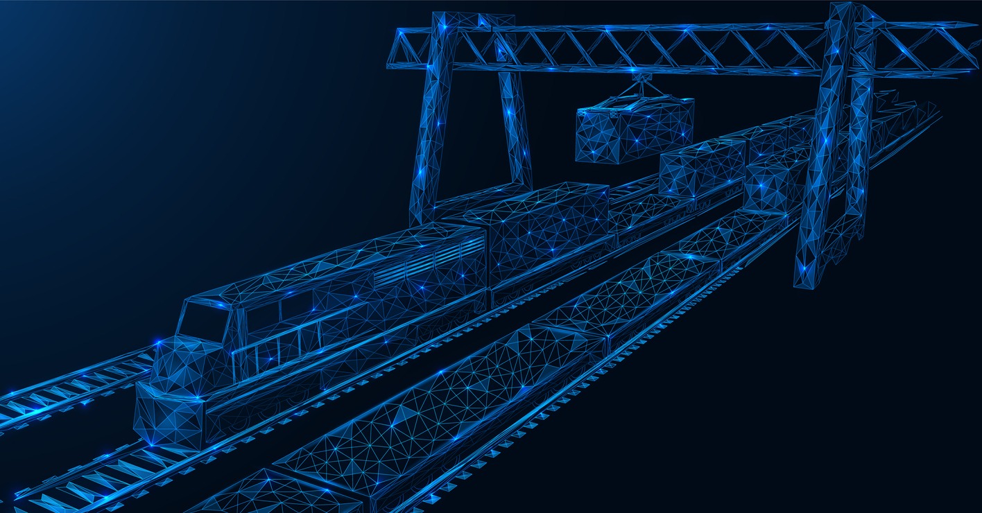 CAD Design of a Freight railway station. The point of exchange of cargo between trains. A hydraulic lift moves the container to another train. Low-poly construction. Blue background.