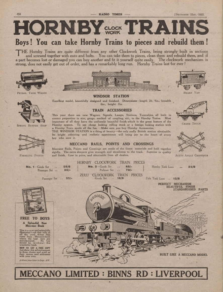 Hornby Clockwork Trains advertisement, from 21 December 1923 issue of The radio Times