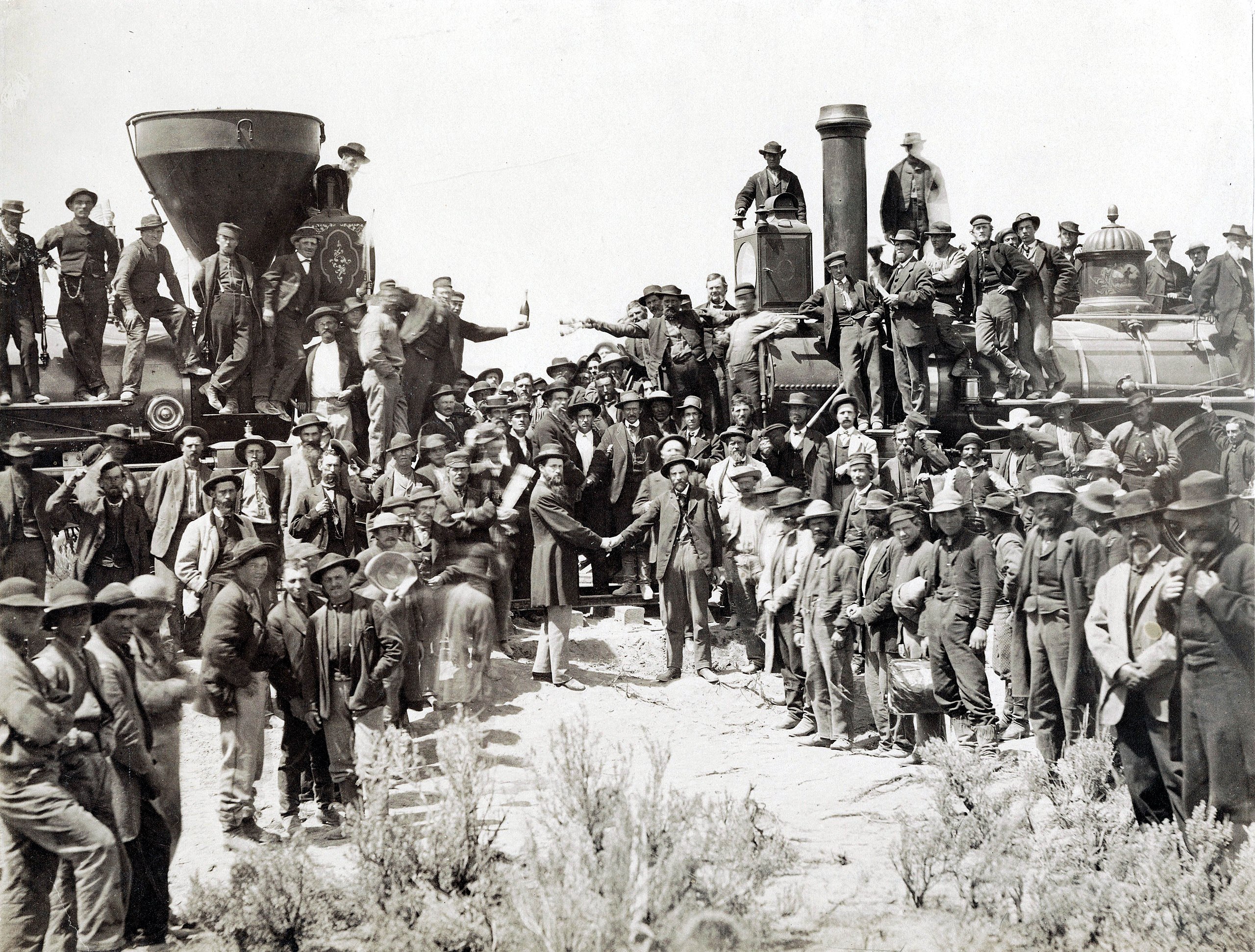 The ceremony for the driving of the golden spike at Promontory Summit, Utah on May 10, 1869