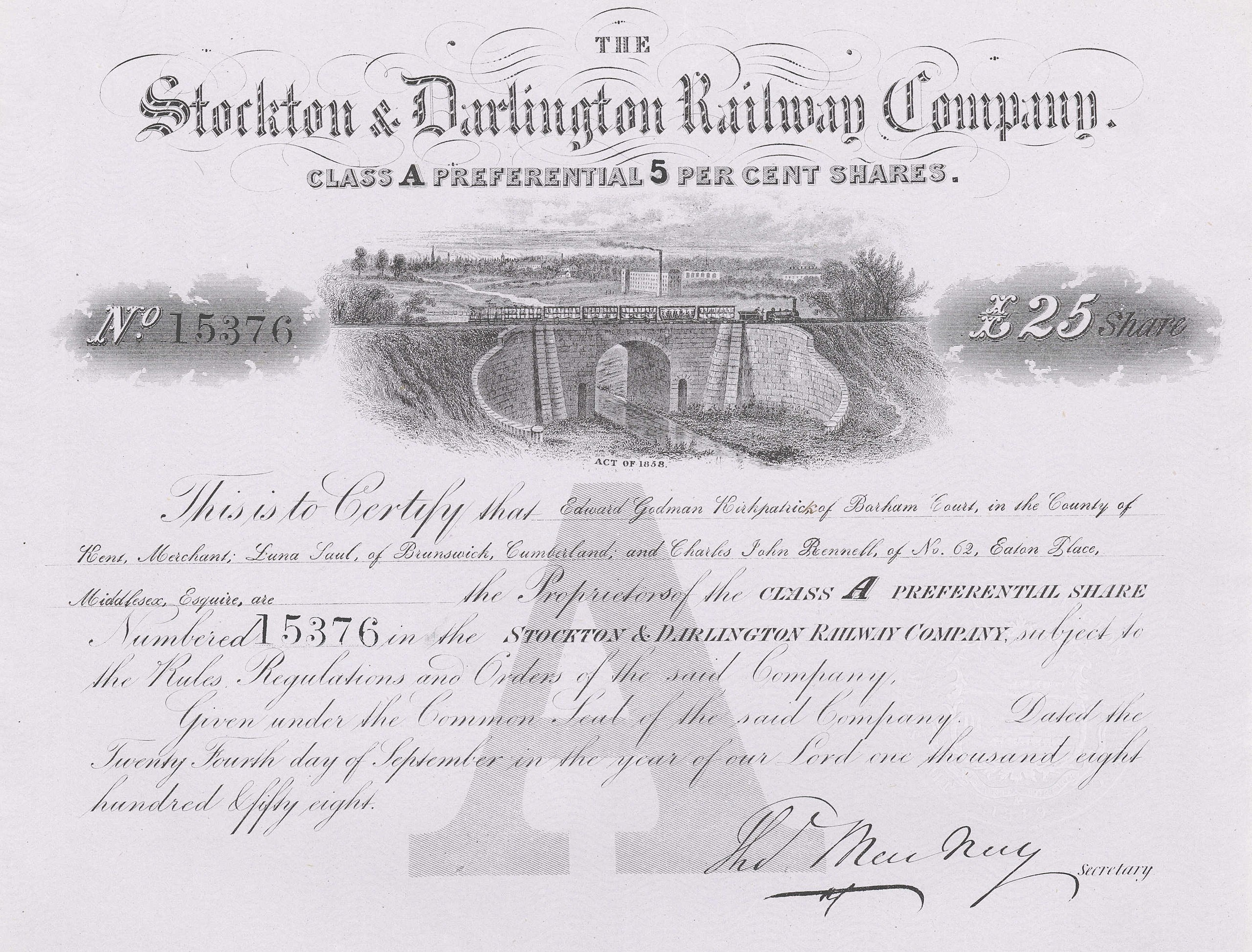 Preferential share certificate of the Stockton and Darlington Railway Company, issued 24. September 1858