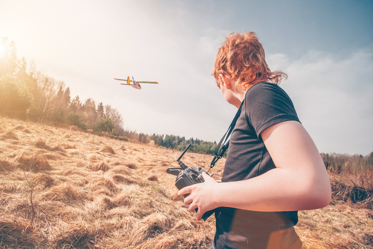 Radio-controlled airplane model in the sky