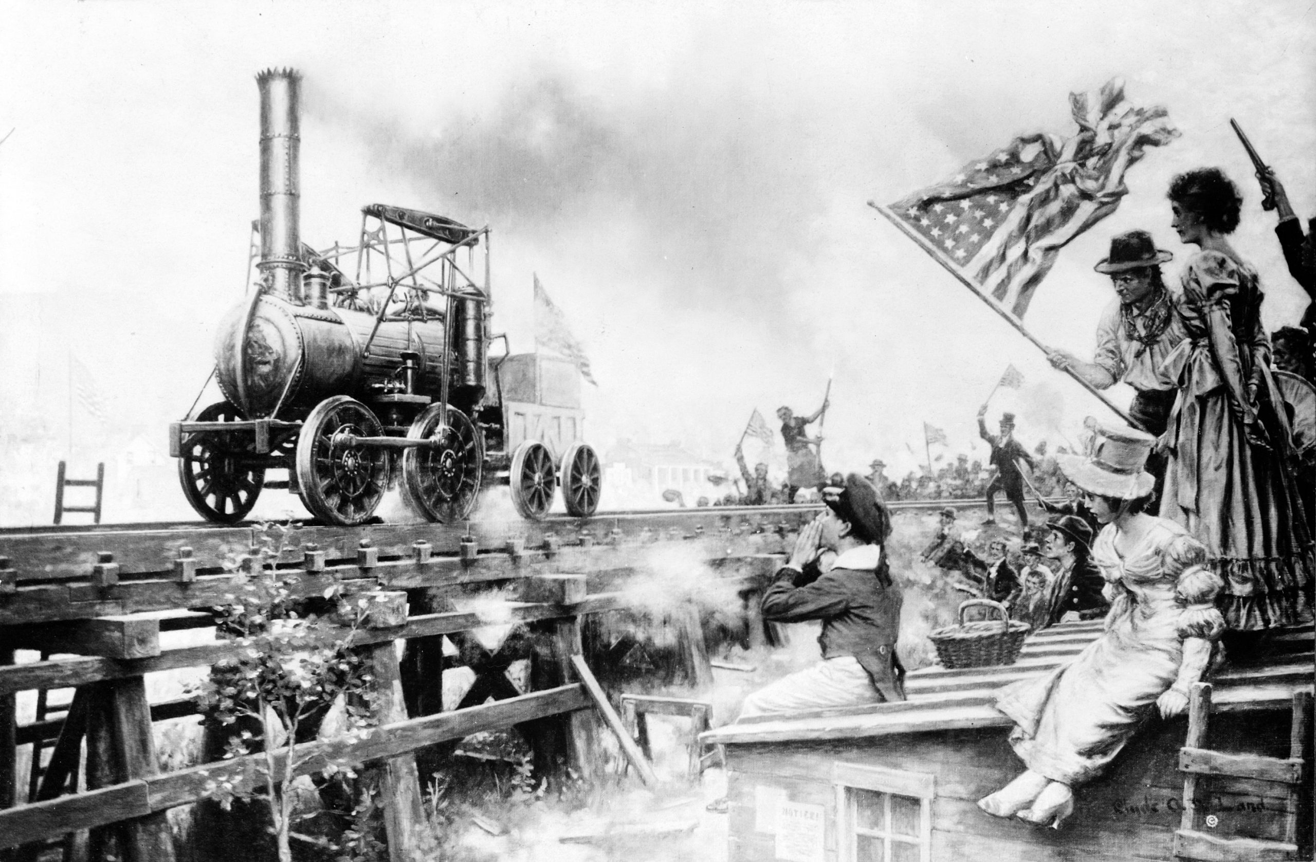 Depiction of the first run of the locomotive Stourbridge Lion on August 8, 1829, in Honesdale, Pennsylvania. Painted c. 1916.