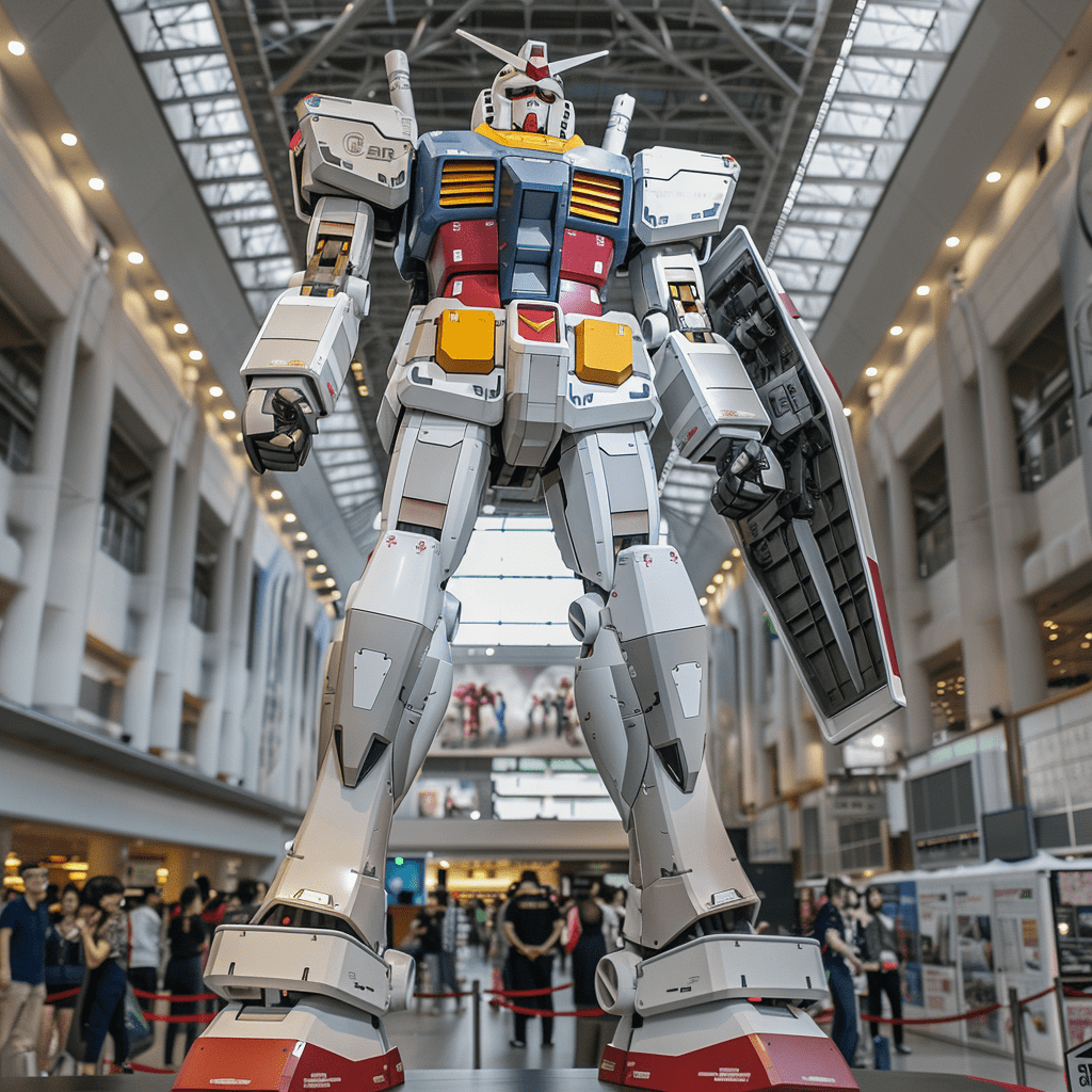 Large Gundam in a convention hall