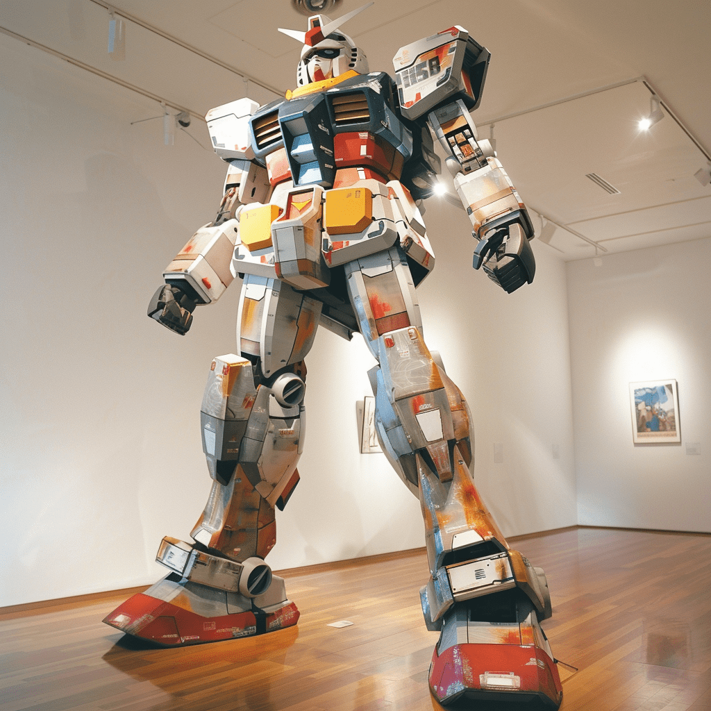 Gundam mech on display with damage