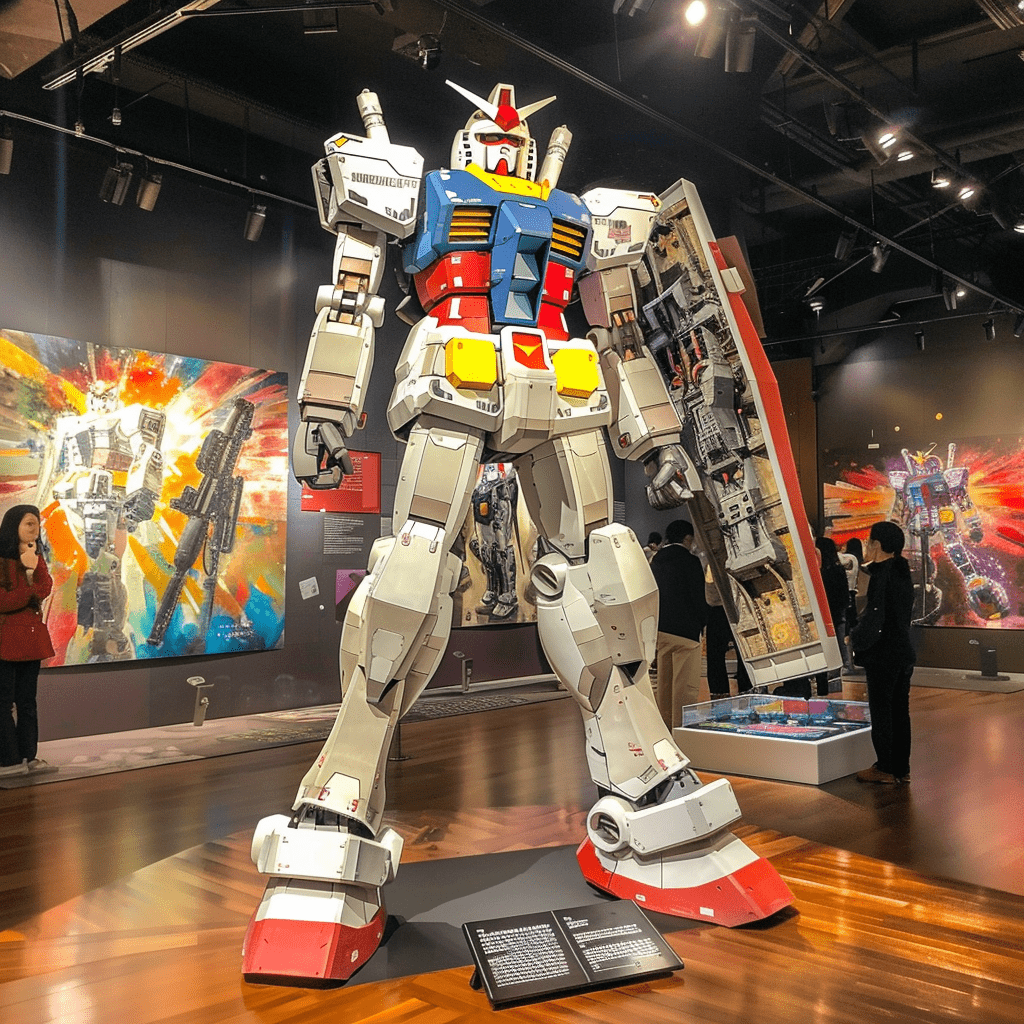 Japanese art including a gundam on display and other gunpla artwork