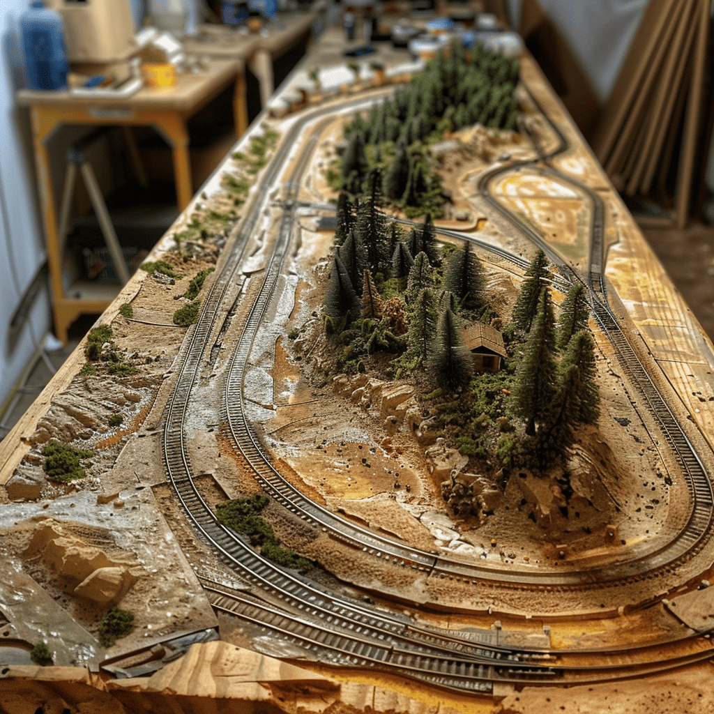 model train layout being setup