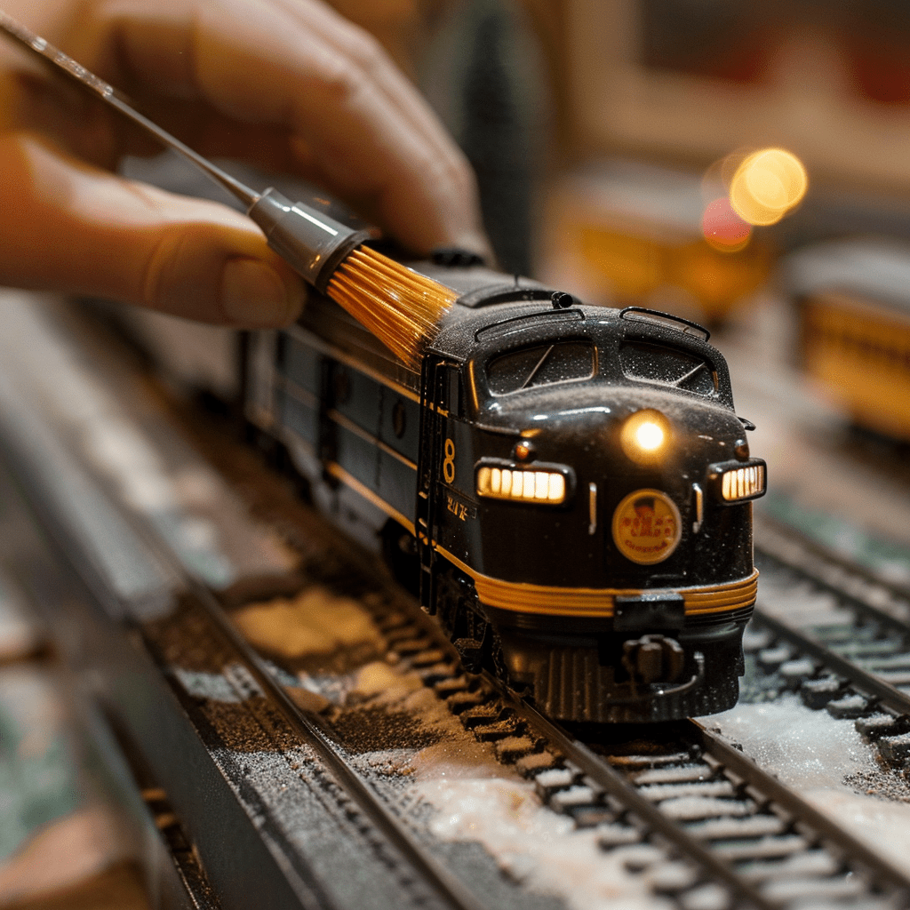 person holding model train and brushing off dust
