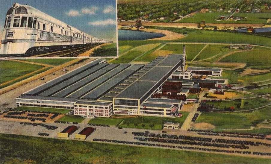 Postcard depiction of the General Motors Electro-Motive diesel locomotive plant in La Grange, Illinois