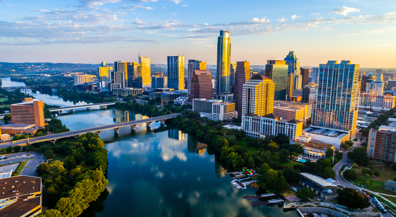 Sunrise cityscape Austin, Texas at golden hour above tranquil lady Bird Lake