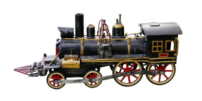 model train made from wood and metal, black model train, gold and red accent in the model train