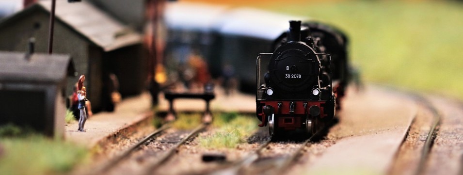 model train in a town landscape